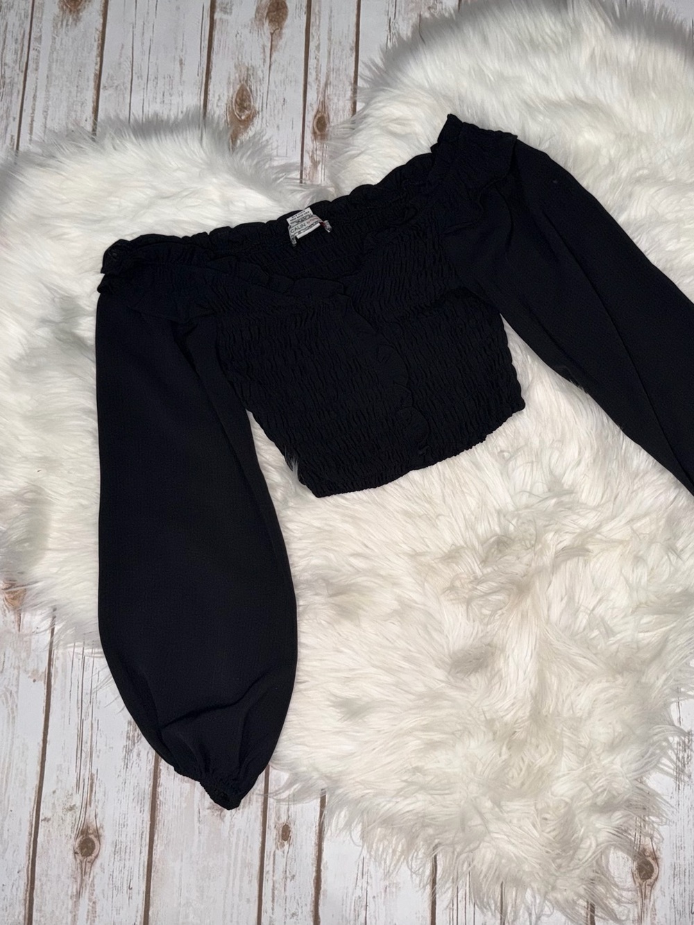 Flying Tomato Black Boho Smoked Off the Shoulder Puffy Sleeve Crop Top Small